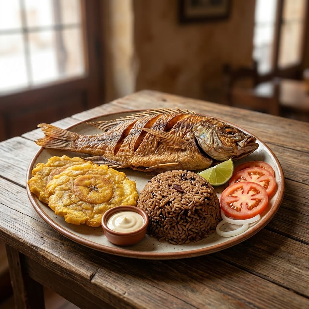 Pescado frito con patacones
